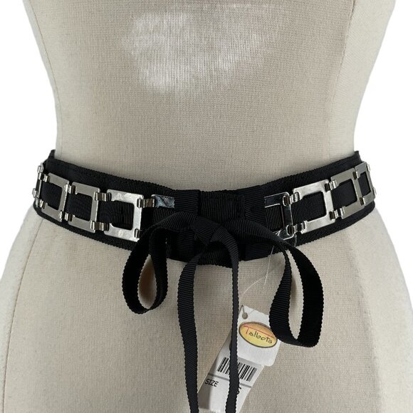 NWT Talbots Black Grosgrain Ribbon Silver Metal Square Snaps Tied Waist Belt S - Picture 1 of 9